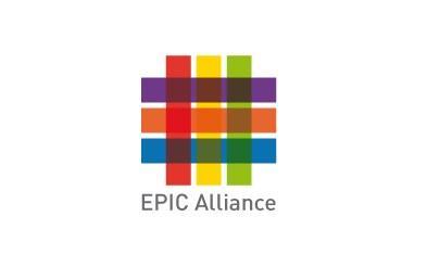 Imagem de logotipo com três faixas na horizontal e três na vertical, entrelaçadas, formando um quadrado vazado. As faixas são nas cores vermelho, amarelo, verde, lilás, laranja e azul. Abaixo está a frase EPIC Alliance