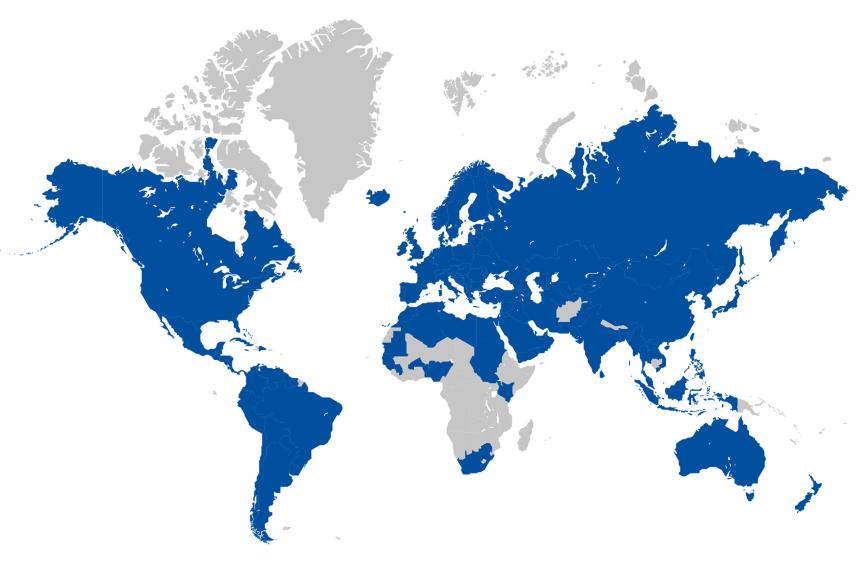 world map with blue marked countries