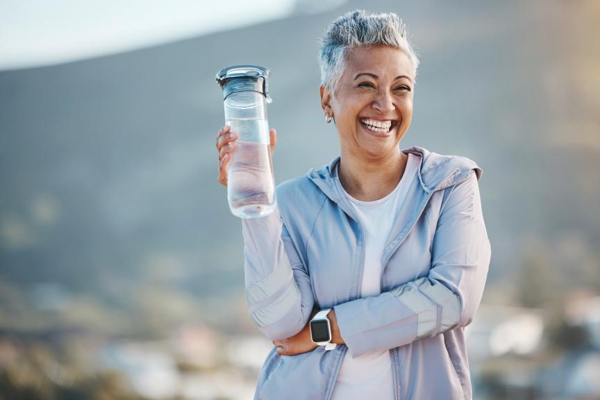 Woman with grey hair outside