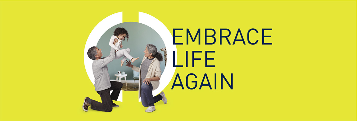 Group photo with an active Prospera Spinal Cord Stimulator patient playing with a child. Tagline reads: Embrace Life Again.