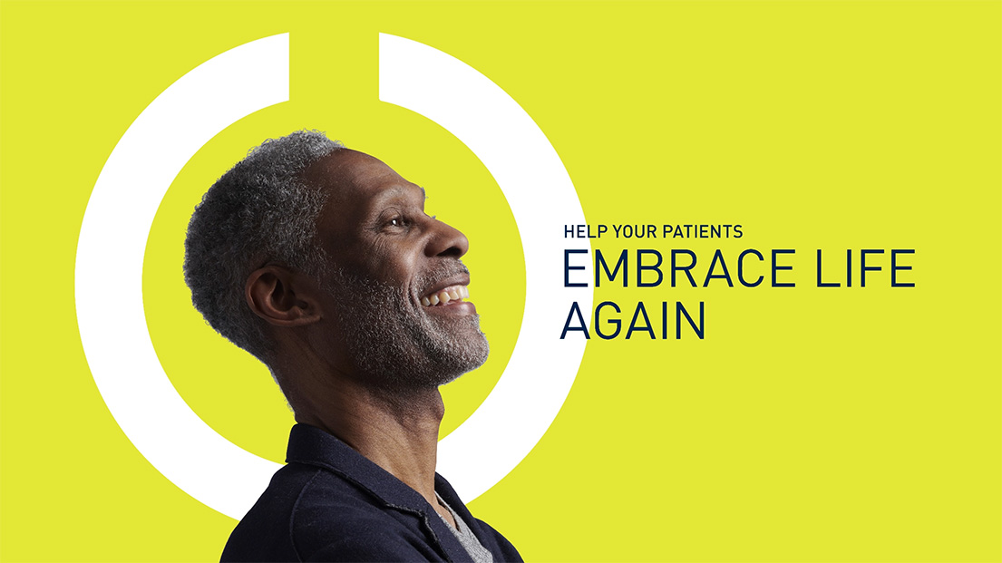 Profile photo of a smiling Prospera SCS patient surrounded by the Embrace One logo. The tagline reads: Helping Your Patients Embrace Life Again.