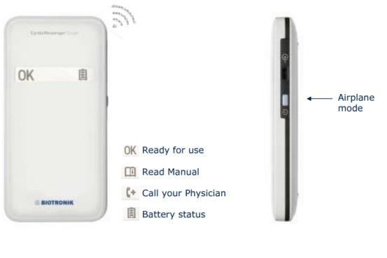A imagem mostra o dispositivo CardioMessenger visto de frente e de lado.